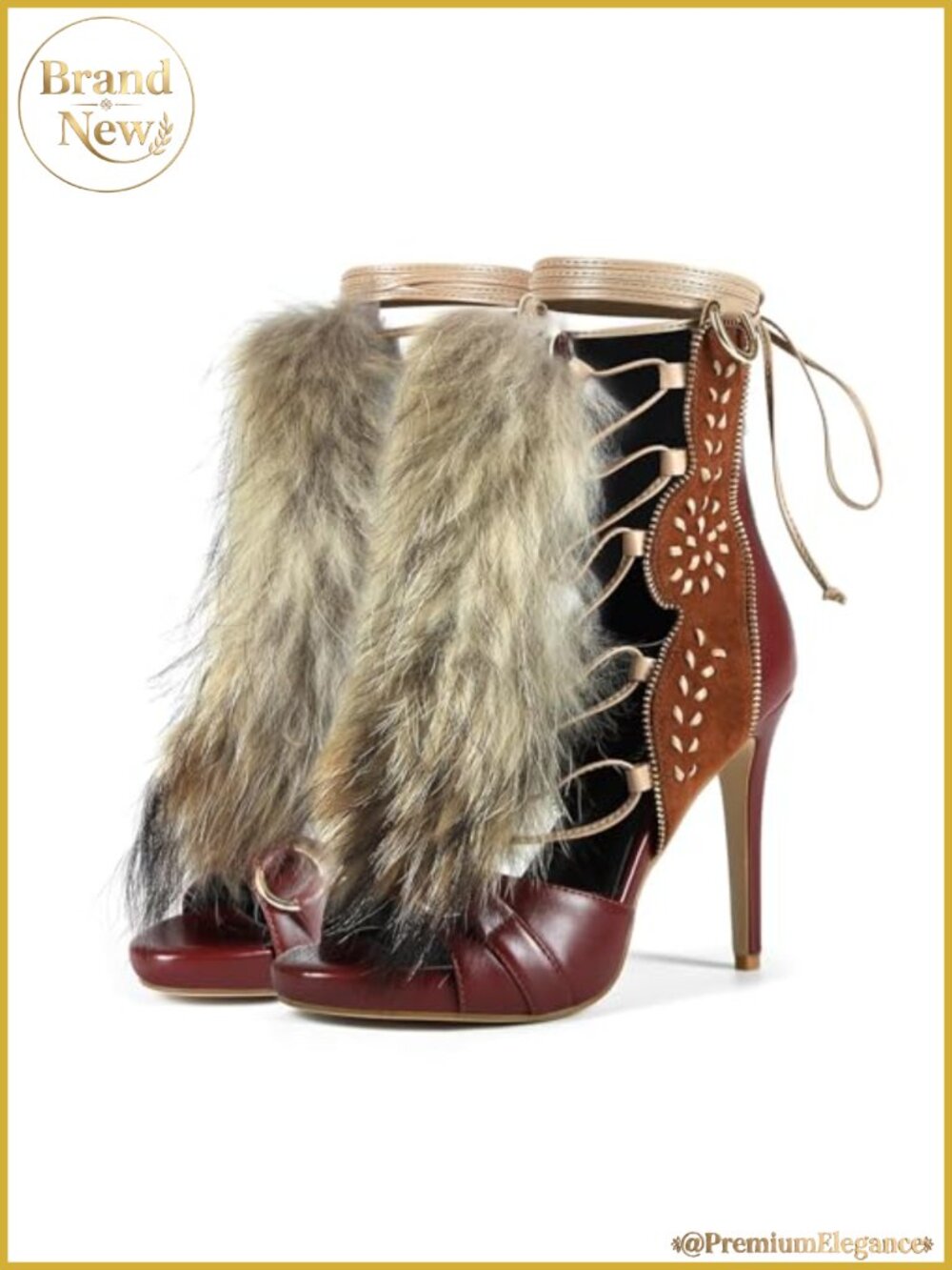 Handmade Stiletto Ankle High Heeled Sandal Bootie, Brown Suede Furry Fuzzy Fur